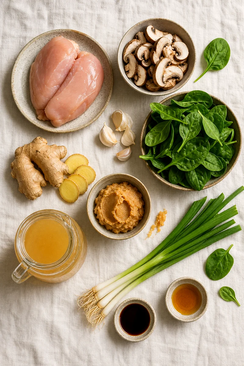 Chicken breast, mushrooms, spinach, miso paste, garlic, ginger, broth, green onions, soy sauce, and sesame oil
