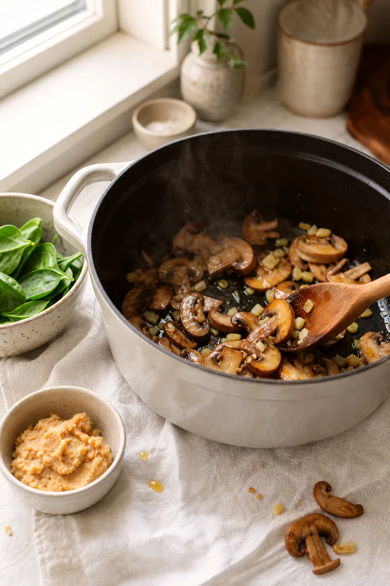 Mushrooms, garlic, and ginger sautéing in a pot with a wooden spoon