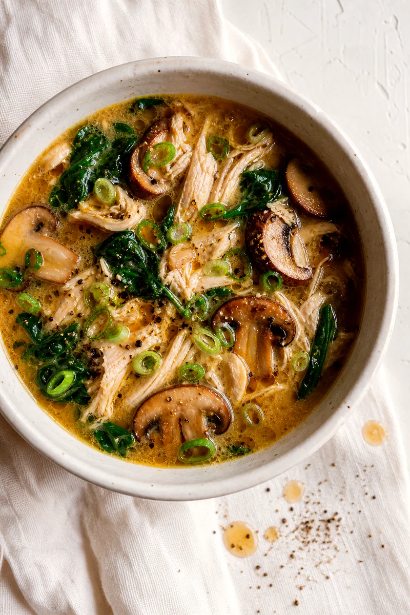 Top down view of garlic miso chicken soup with spinach, mushrooms, and green onions