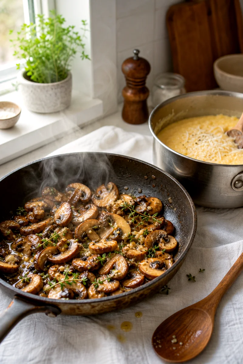 garlic-thyme-mushrooms-polenta-cooking