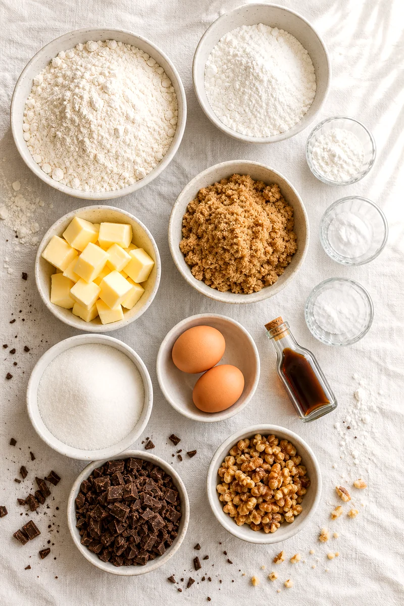 Cookie ingredients arranged top down with flour, butter, sugars, eggs, chocolate chunks, and walnuts
