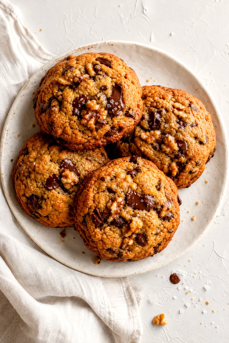 Four oversized chocolate chip walnut cookies on a white ceramic plate with crumbs on linen