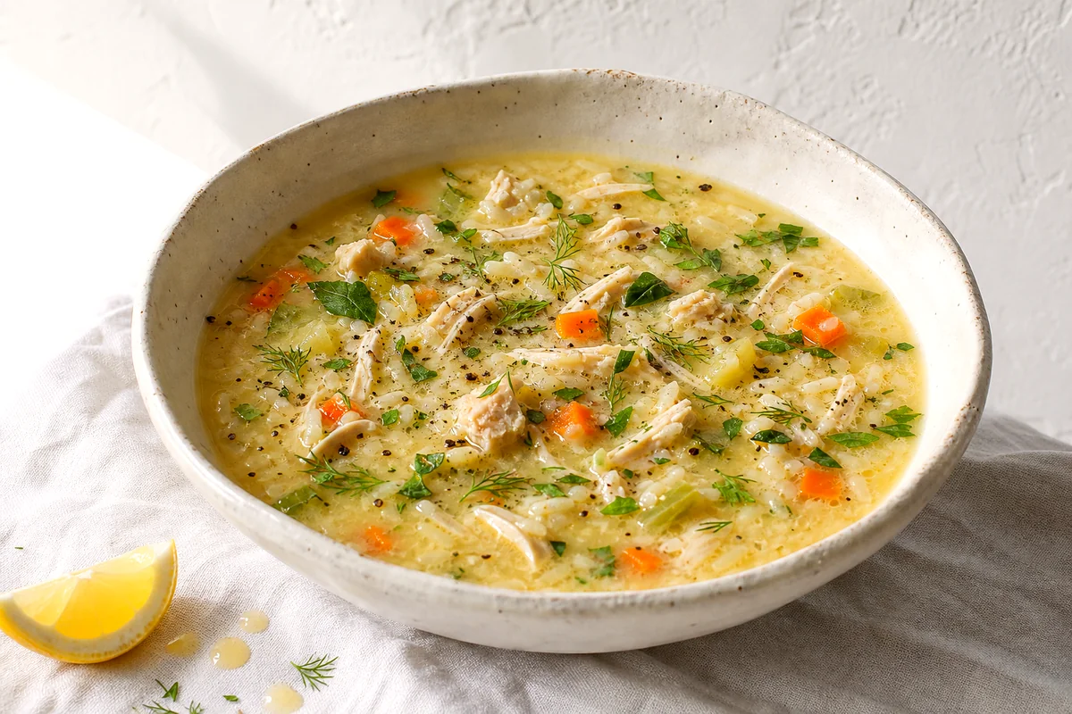 Silky Greek chicken and rice soup with dill, parsley, carrots, and lemon in a white ceramic bowl