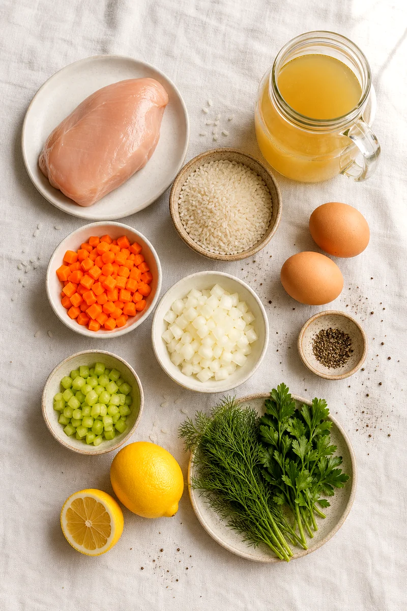 Chicken breast, rice, vegetables, eggs, lemons, herbs, broth, and black pepper arranged on white linen