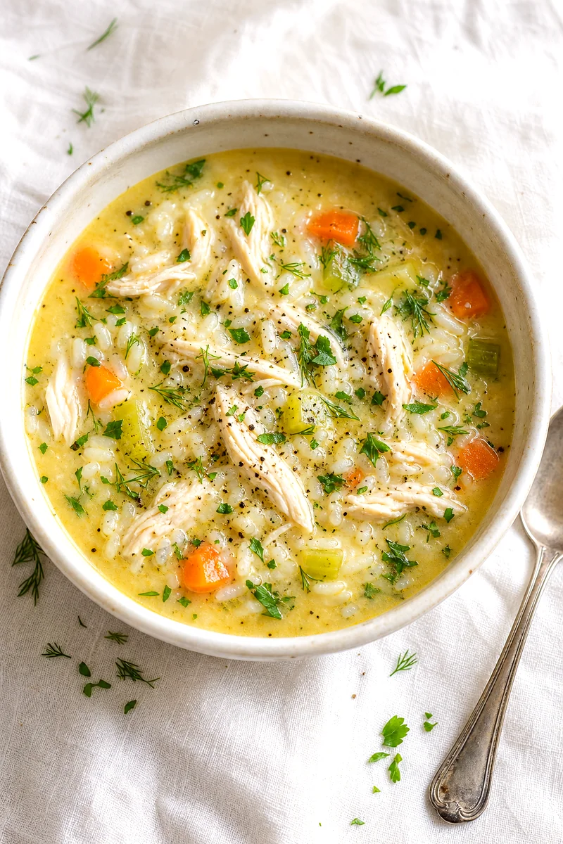 Top down bowl of creamy lemon chicken rice soup with herbs and vegetables on white linen