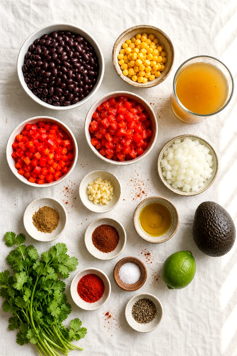 Black beans, corn, tomatoes, bell pepper, onion, spices, lime, avocado, and cilantro arranged on white linen