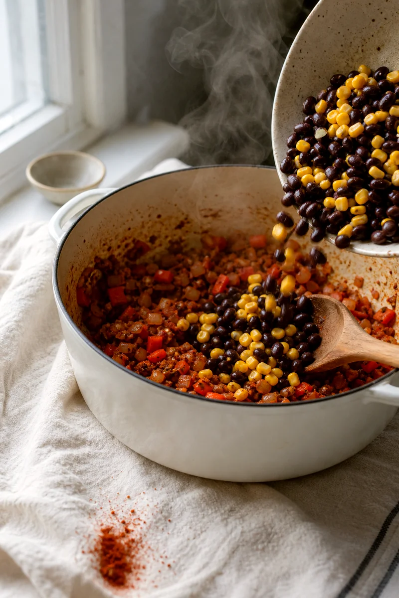 Onion, bell pepper, garlic, spices, black beans, and corn cooking in a white pot