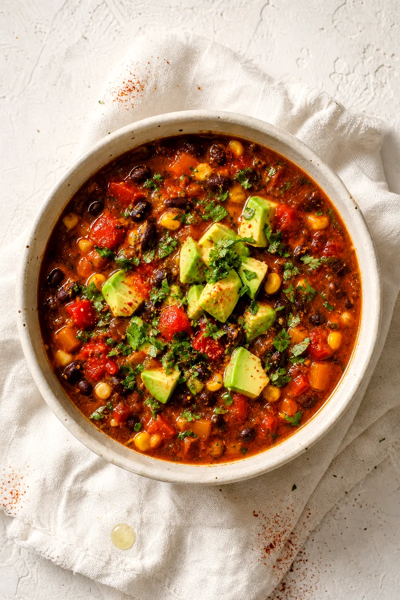 Top down view of black bean taco soup with avocado, cilantro, corn, tomatoes, and lime