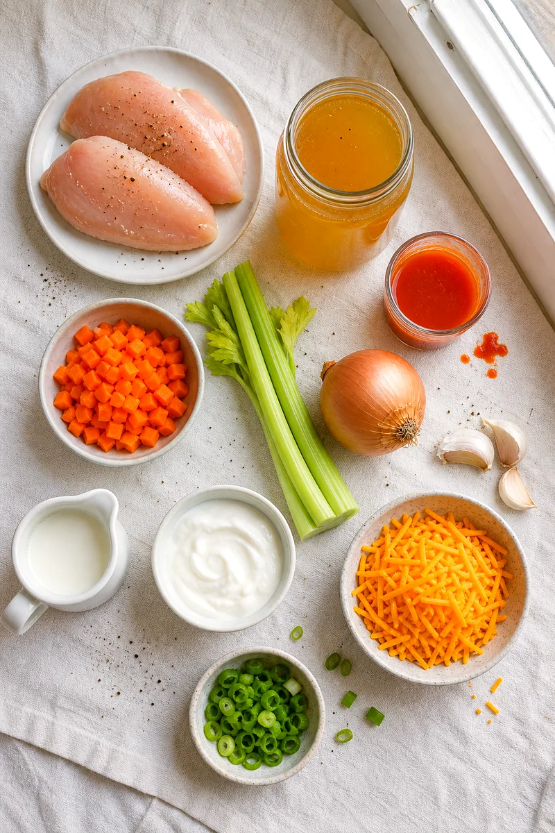 Chicken breast, vegetables, broth, buffalo sauce, milk, Greek yogurt, cheddar, and green onions arranged on white linen