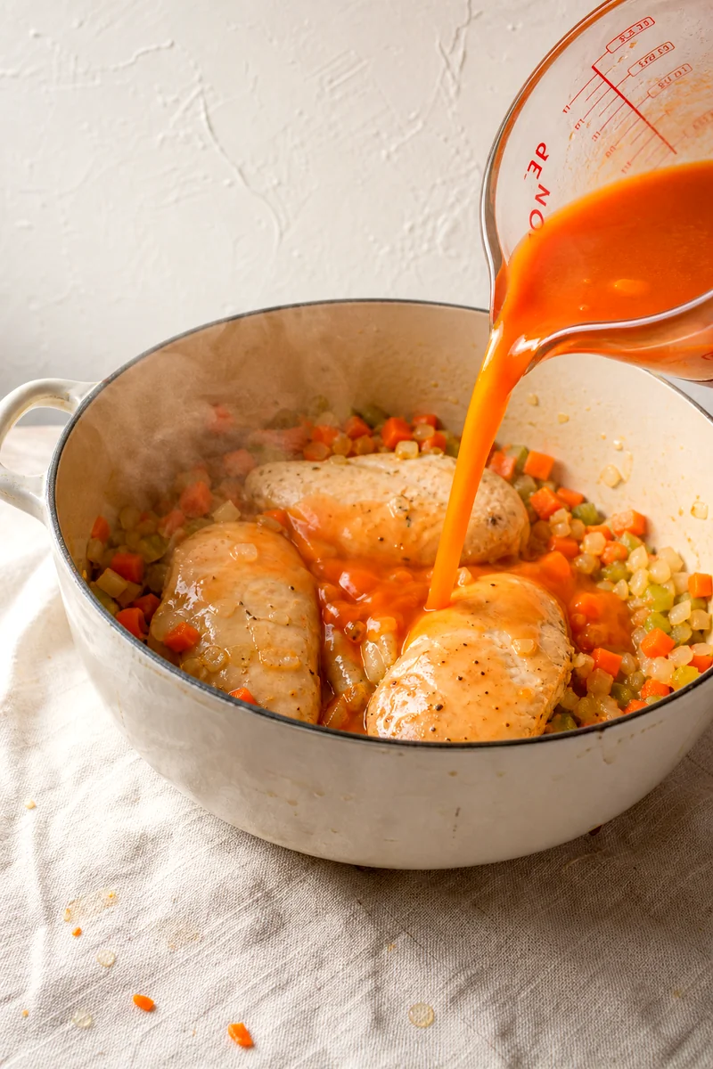 Chicken breast added to sautéed carrots, celery, onion, and garlic as buffalo broth is poured into the pot