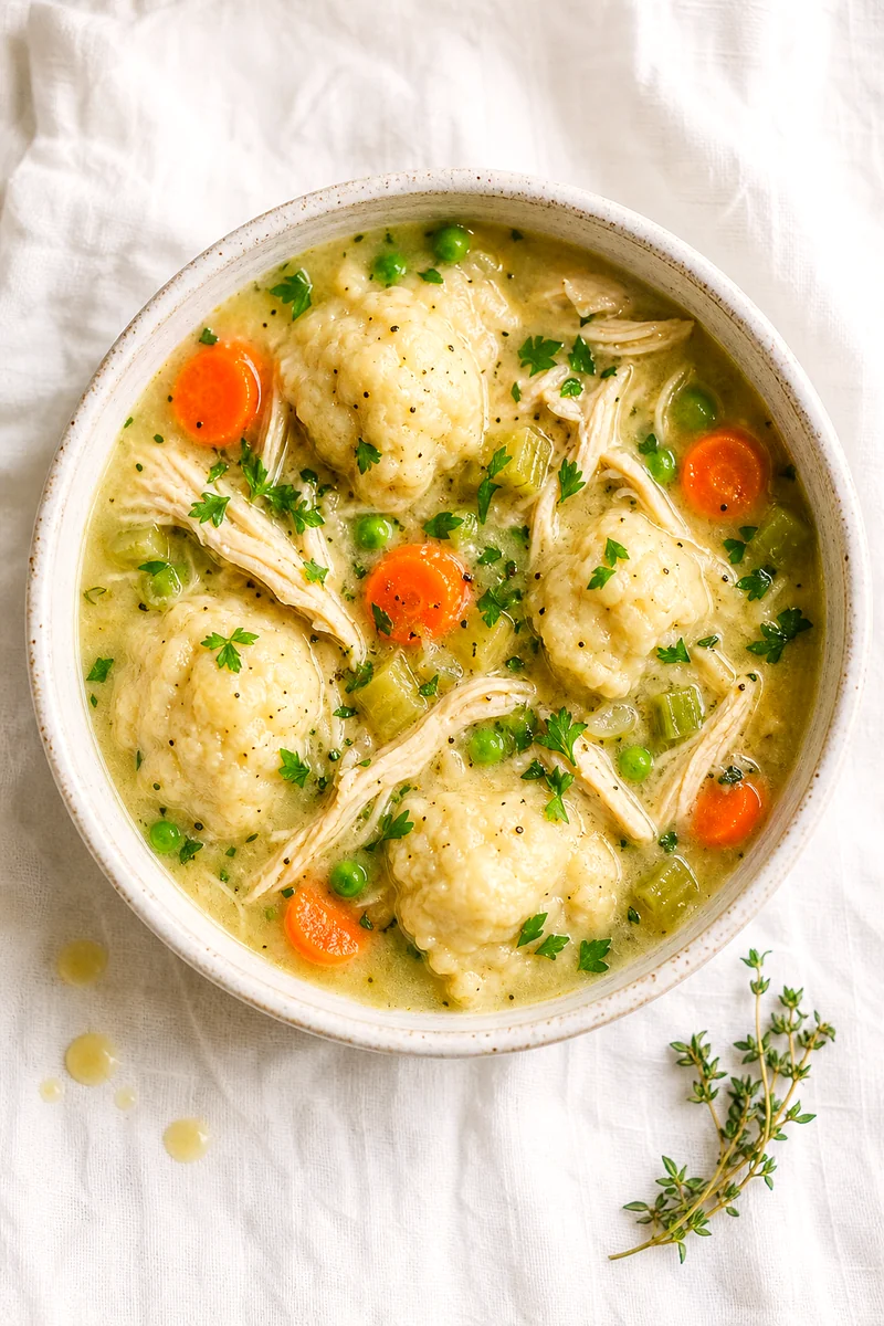 Top view of creamy chicken dumpling soup with vegetables and parsley in a white bowl