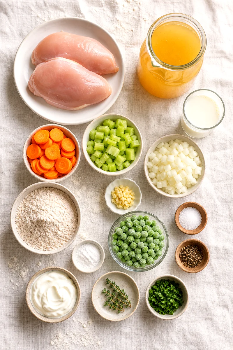 Chicken breast, vegetables, broth, milk, flour, Greek yogurt, herbs, and seasonings arranged on white linen
