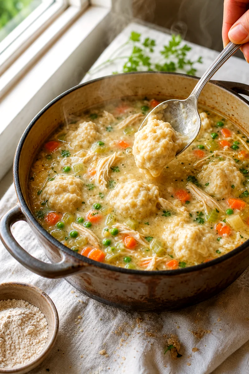 Soft dumpling dough being spooned onto simmering chicken soup with vegetables