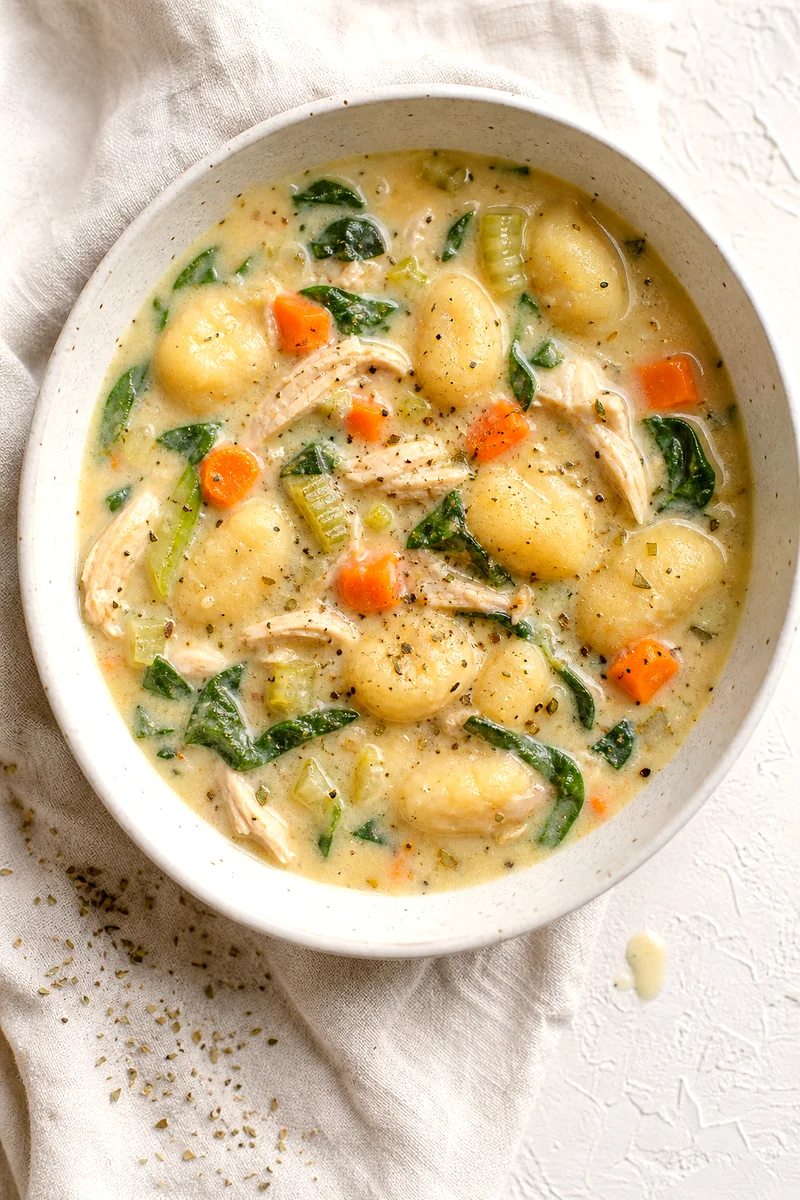 Top down view of creamy chicken gnocchi soup with spinach, carrots, celery, and black pepper
