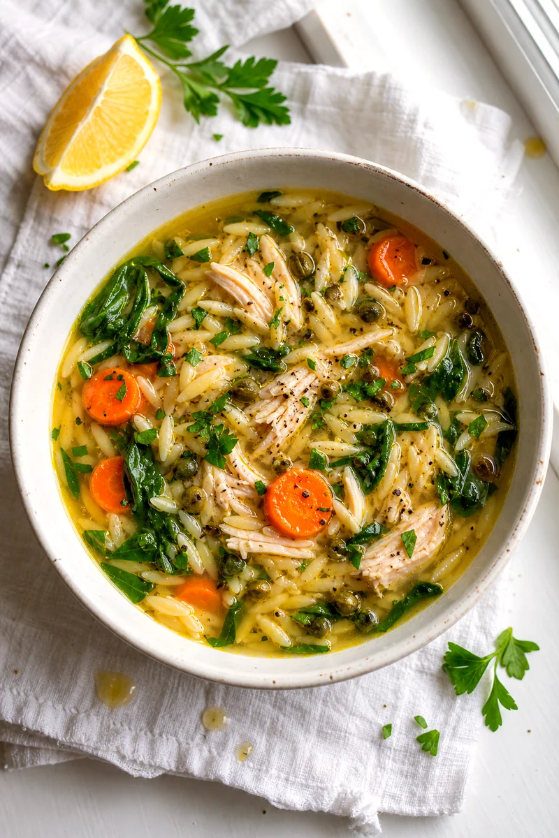 Top down bowl of chicken piccata soup with orzo, spinach, carrots, capers, parsley, and lemon broth