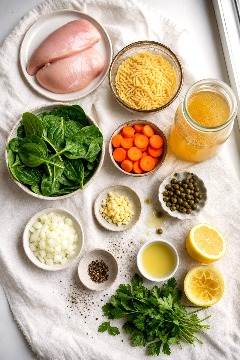 Chicken breast, orzo, spinach, carrots, onion, garlic, broth, lemon, capers, parsley, and pepper on white linen