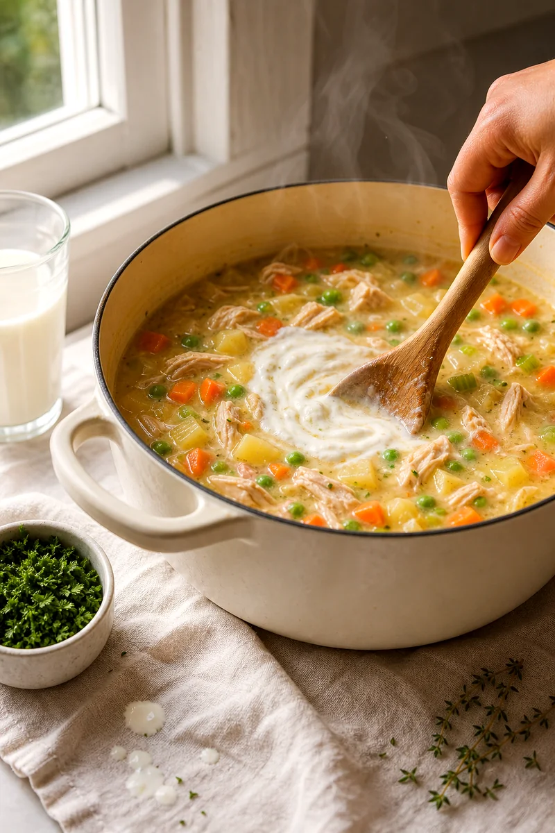 Wooden spoon stirring creamy yogurt mixture into chicken vegetable soup in a pot