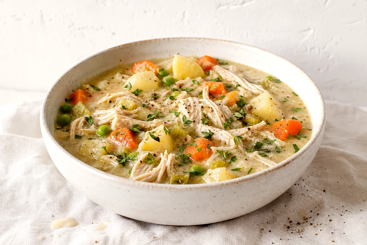 Creamy chicken pot pie soup with shredded chicken, potatoes, carrots, peas, and parsley in a white bowl