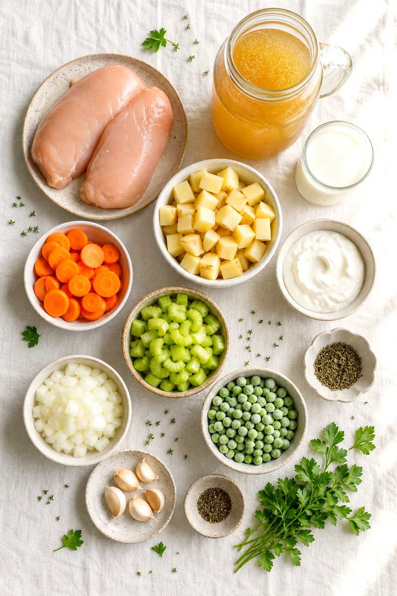 Raw chicken breast, vegetables, broth, milk, Greek yogurt, and herbs arranged on white linen
