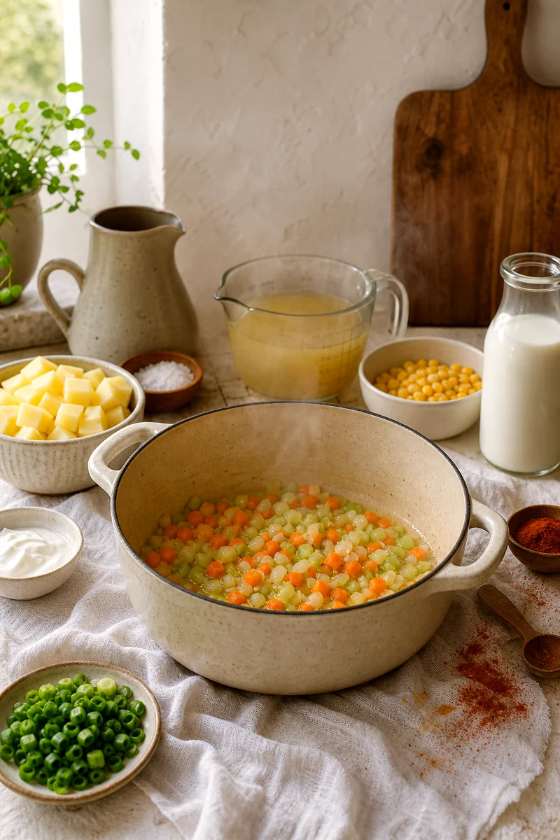 Onion, garlic, carrots, and celery sautéing in a pot for corn chowder