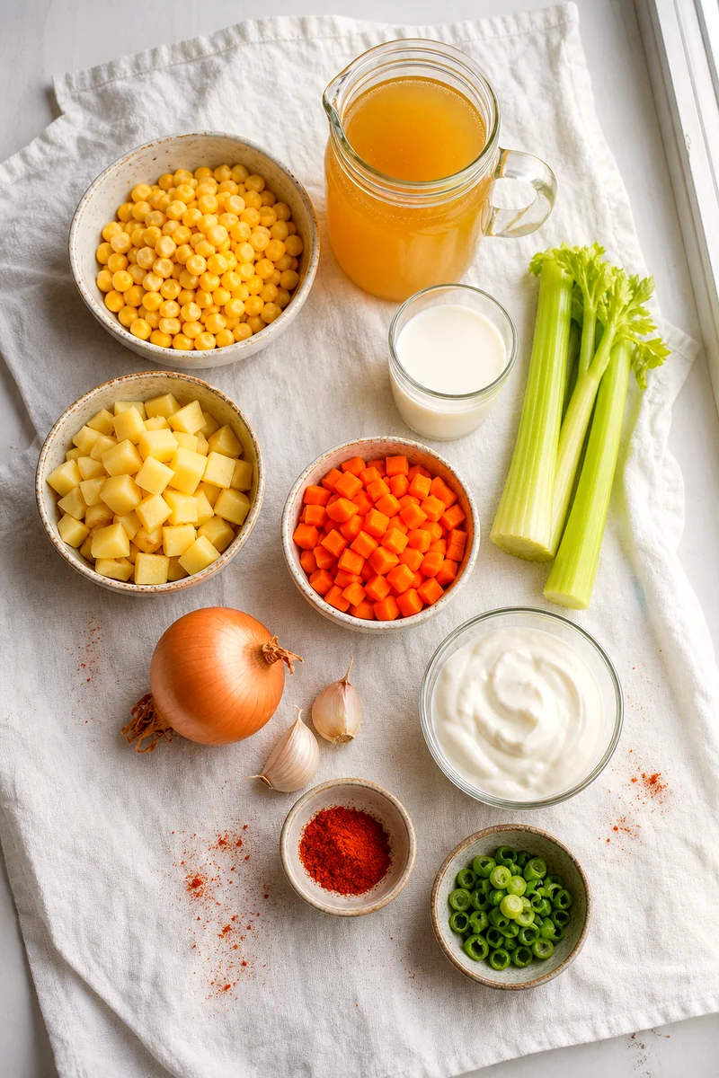 Corn, potatoes, carrots, celery, onion, garlic, broth, milk, Greek yogurt, paprika, and green onions on white linen