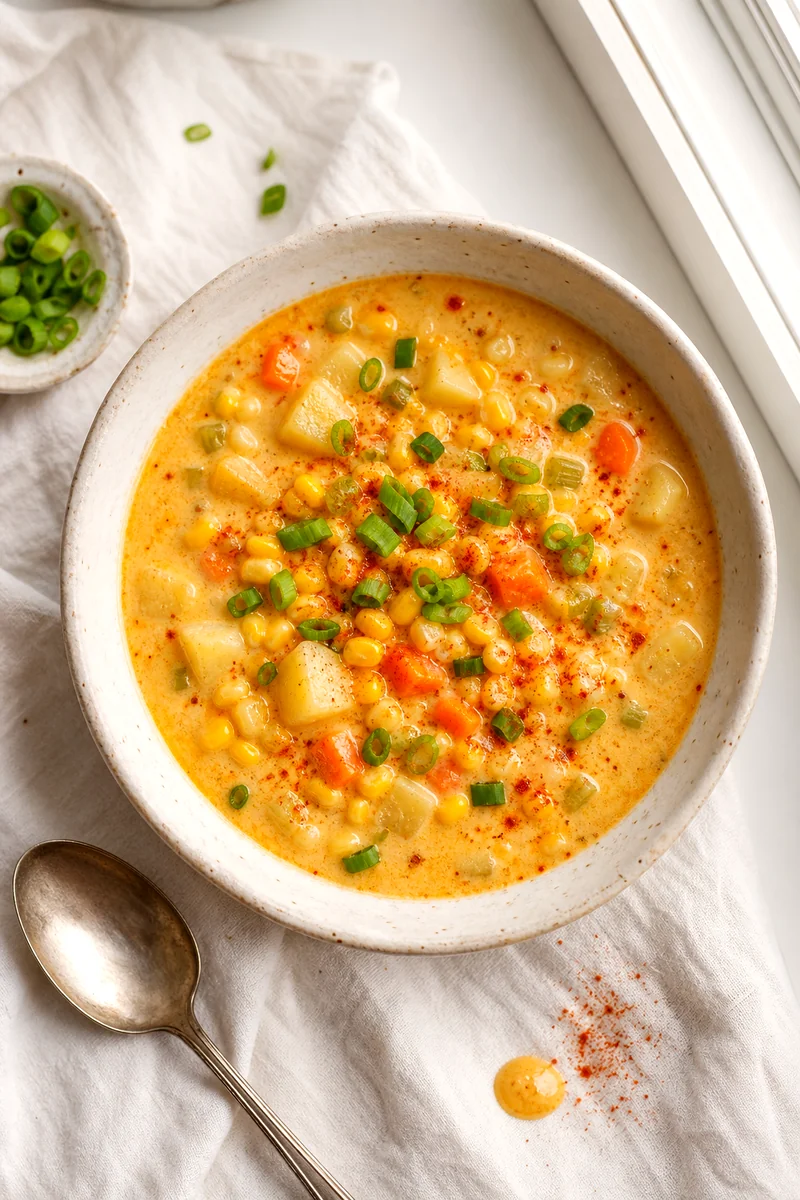 Top view of creamy corn chowder topped with green onions and smoked paprika