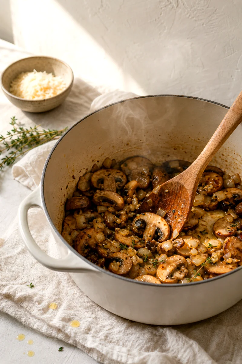 Golden mushrooms, onion, and garlic cooking in a pot with steam rising