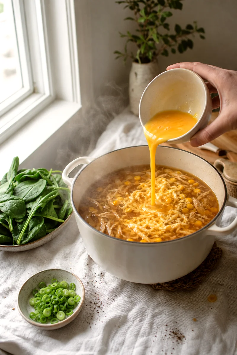 Beaten eggs poured into simmering broth to form ribbons for egg drop soup
