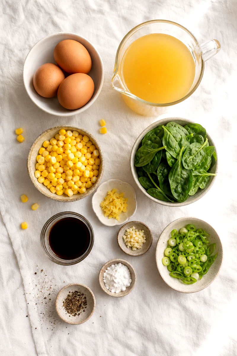 Eggs, chicken broth, corn, spinach, ginger, garlic, soy sauce, cornstarch, green onions, and black pepper arranged on white linen