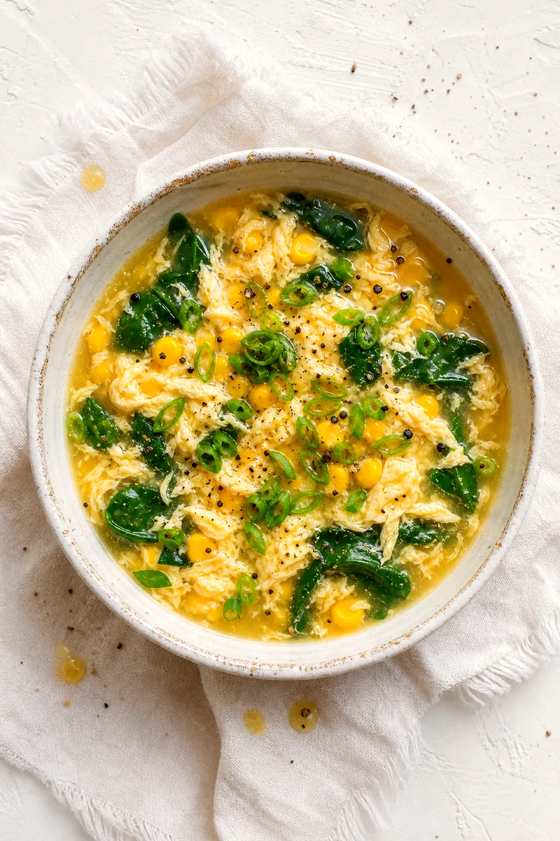 Top down bowl of egg drop soup with silky egg ribbons, corn, spinach, green onions, and black pepper