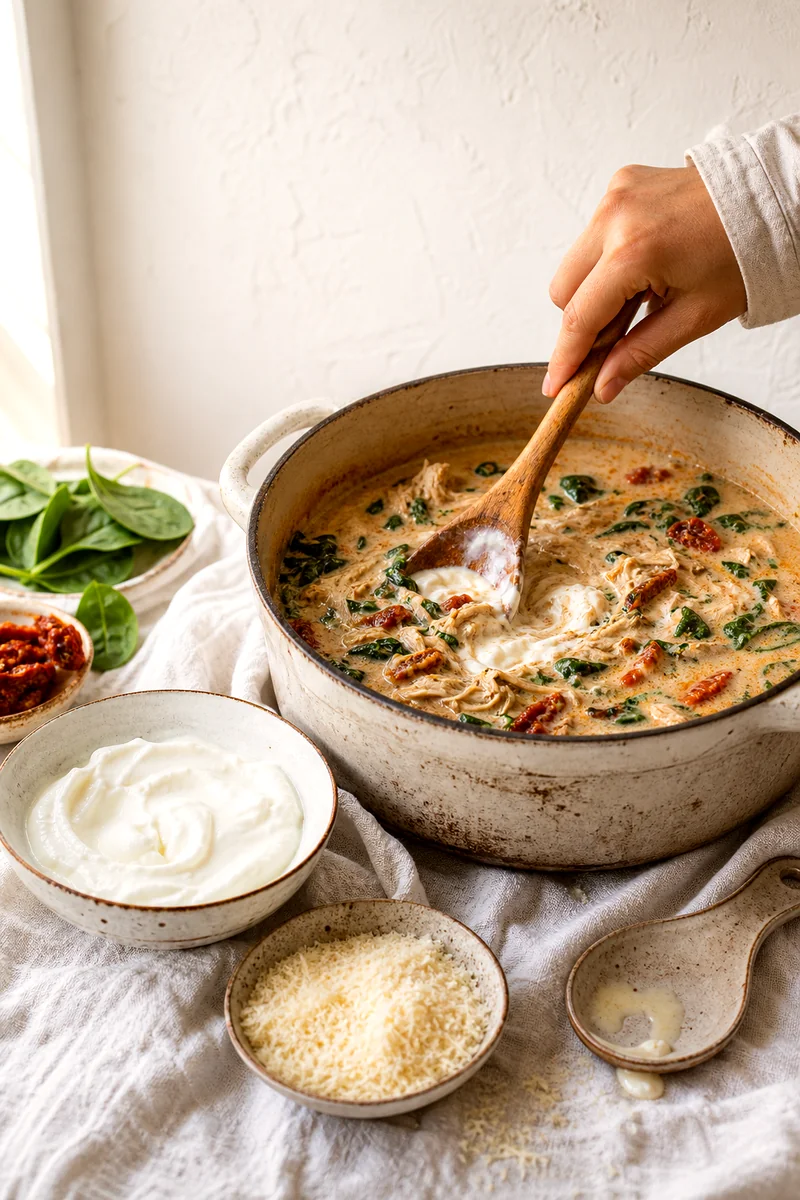Creamy yogurt and Parmesan being stirred into chicken soup with spinach and sun dried tomatoes