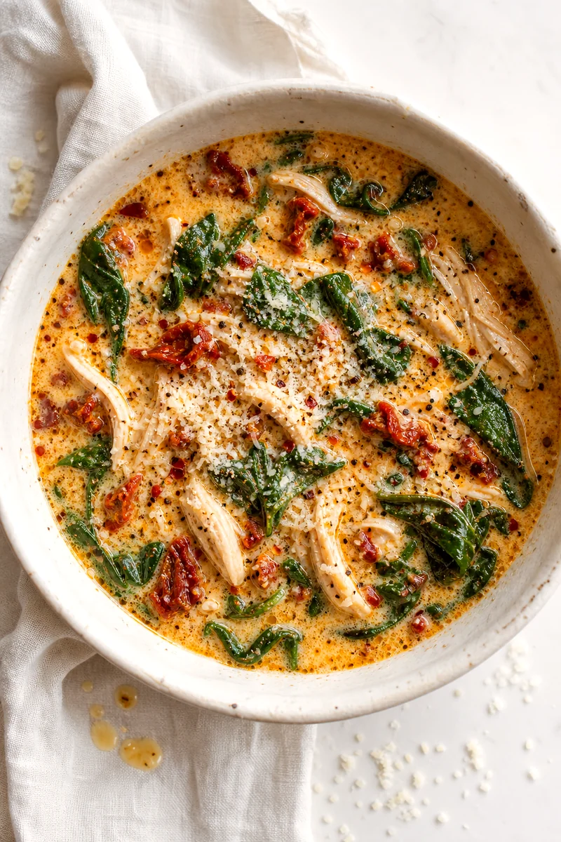 Top down bowl of creamy chicken soup with spinach, sun dried tomatoes, Parmesan, and red pepper flakes