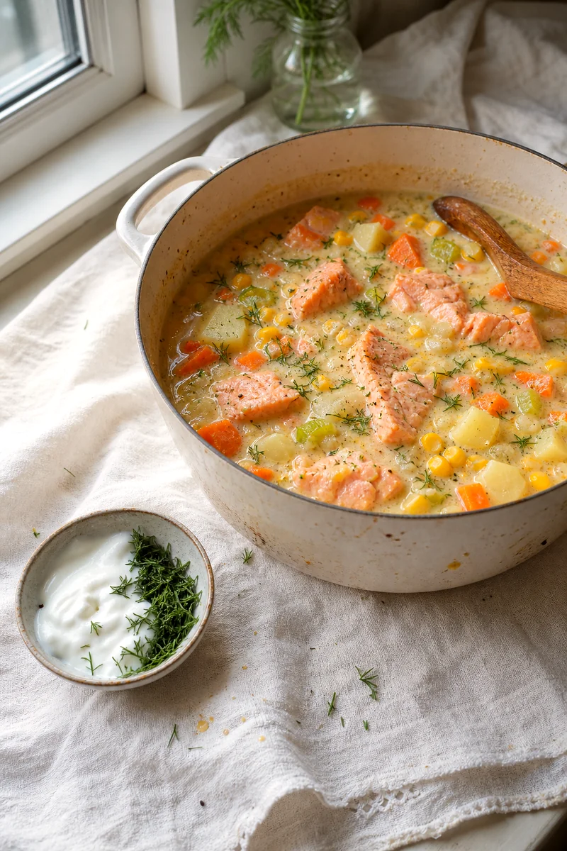 Salmon chunks gently simmering with potatoes, corn, carrots, and celery in a creamy chowder pot