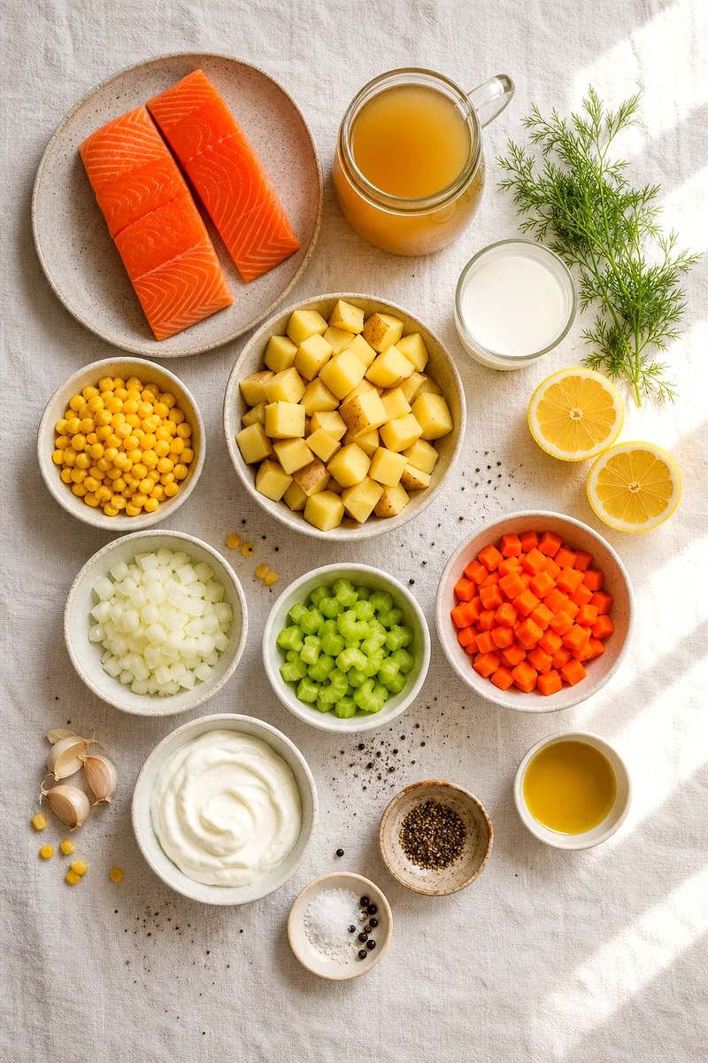 Salmon, potatoes, corn, carrots, celery, onion, garlic, broth, milk, Greek yogurt, dill, and lemon on white linen