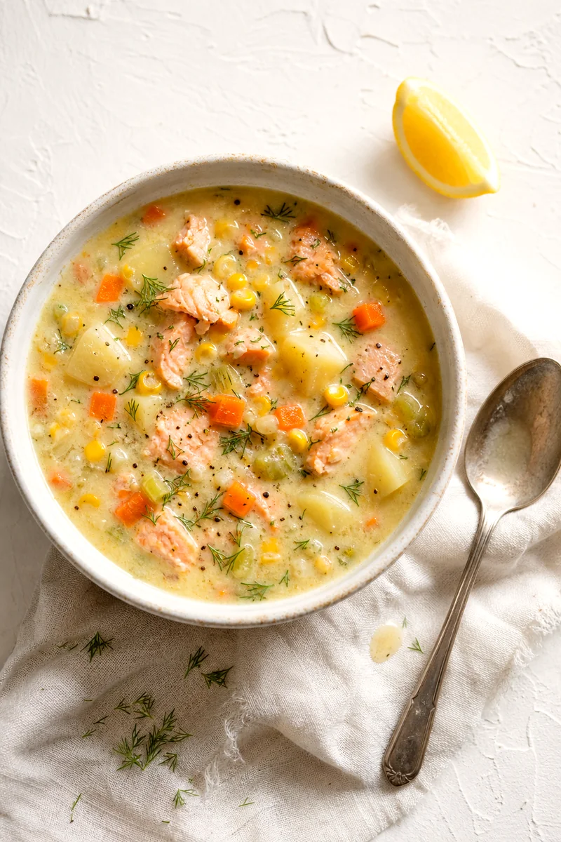 Top down bowl of salmon chowder with dill, lemon wedge, potatoes, corn, carrots, and celery