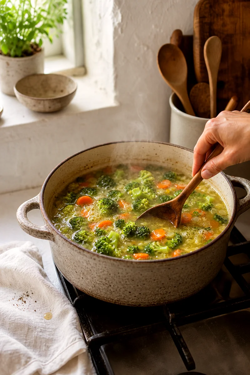 Broccoli, carrots, onion, and broth simmering in a pot while being stirred with a wooden spoon