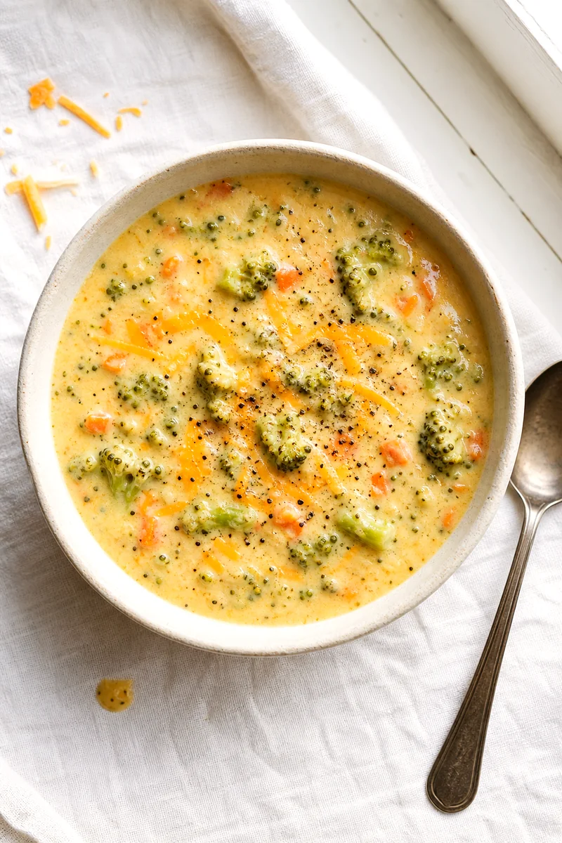 Top down view of creamy broccoli cheddar soup with broccoli, carrots, cheddar, and black pepper in a white bowl