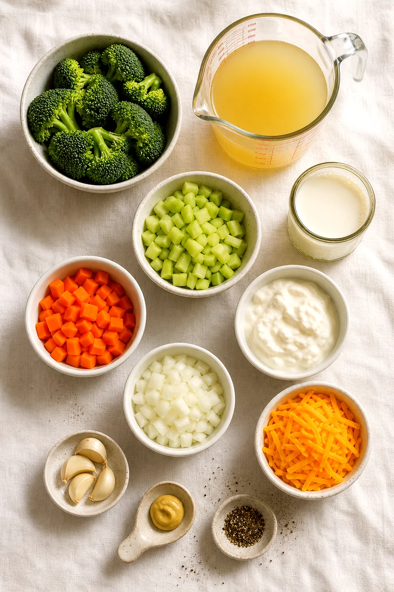 Broccoli, carrots, onion, garlic, broth, milk, Greek yogurt, cheddar, Dijon, and black pepper arranged on white linen
