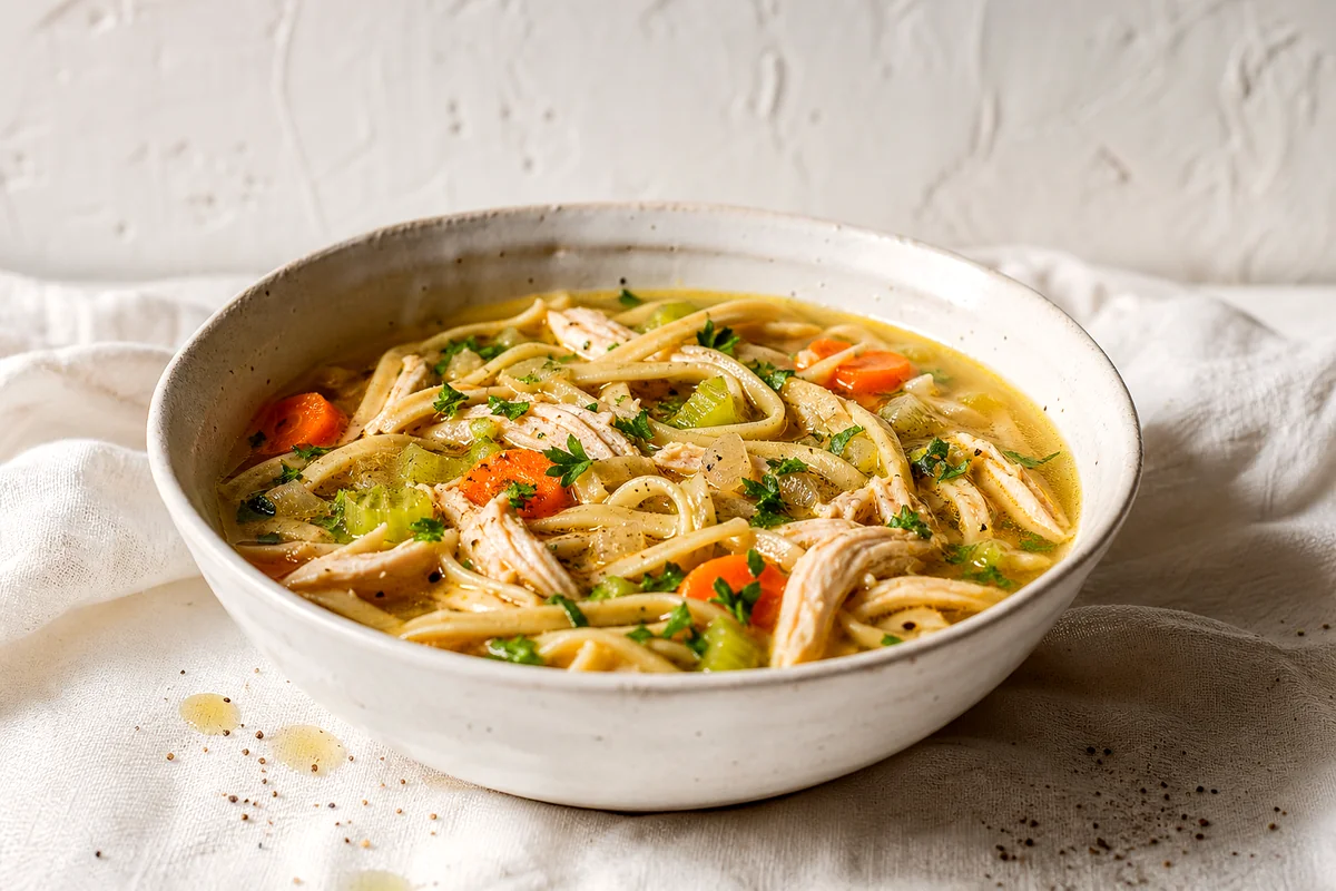 Bowl of chicken noodle soup with shredded chicken, whole wheat noodles, carrots, celery, and parsley