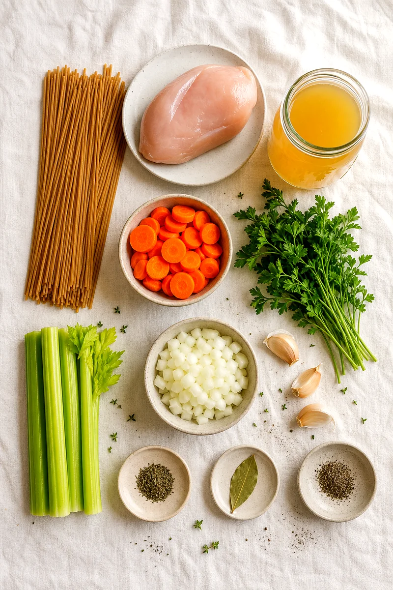 Chicken breast, whole wheat noodles, vegetables, broth, parsley, thyme, bay leaf, and black pepper on white linen