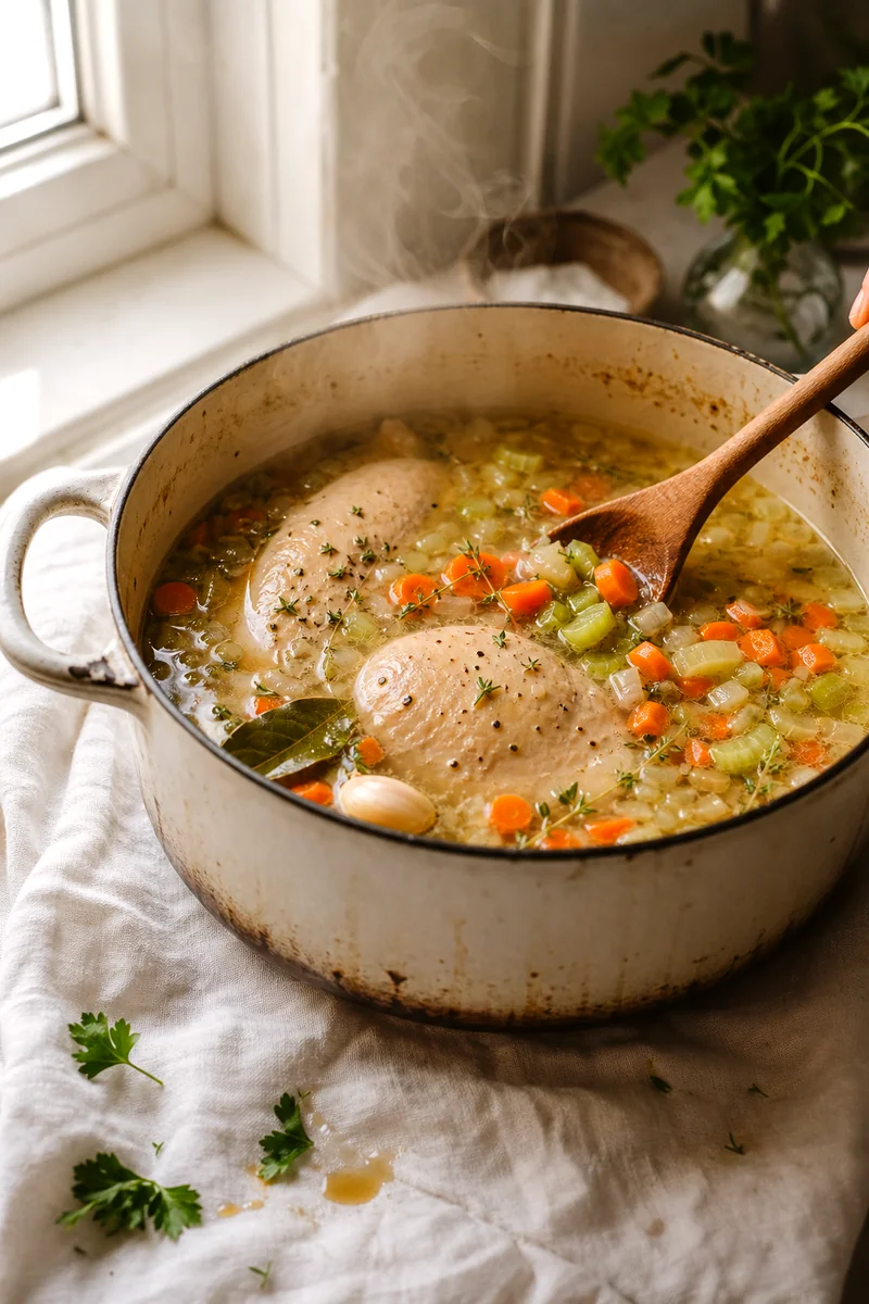 Pot of simmering chicken broth with chicken breast, carrots, celery, onion, herbs, and a wooden spoon