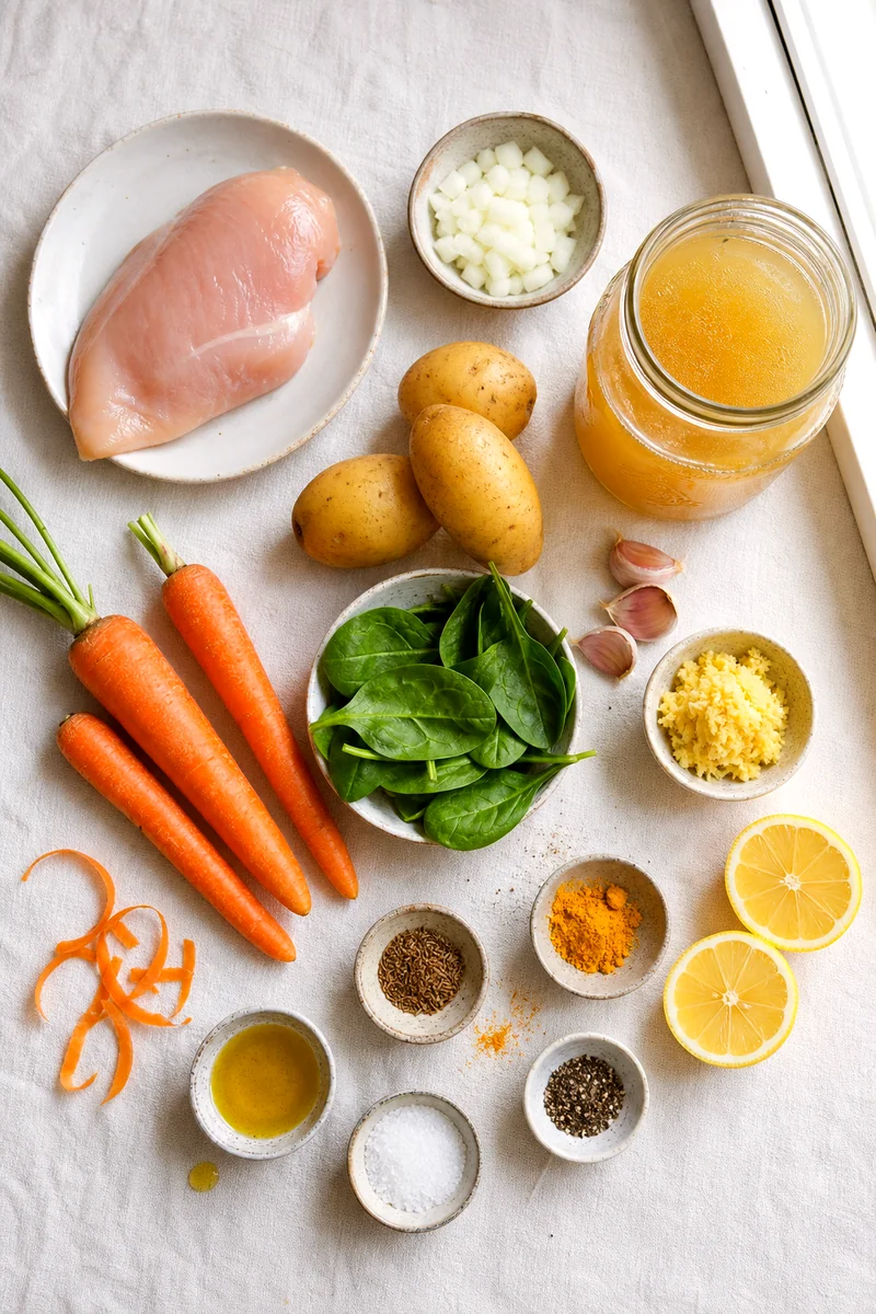 Chicken breast, potatoes, carrots, spinach, aromatics, spices, broth, and lemon arranged on white linen.