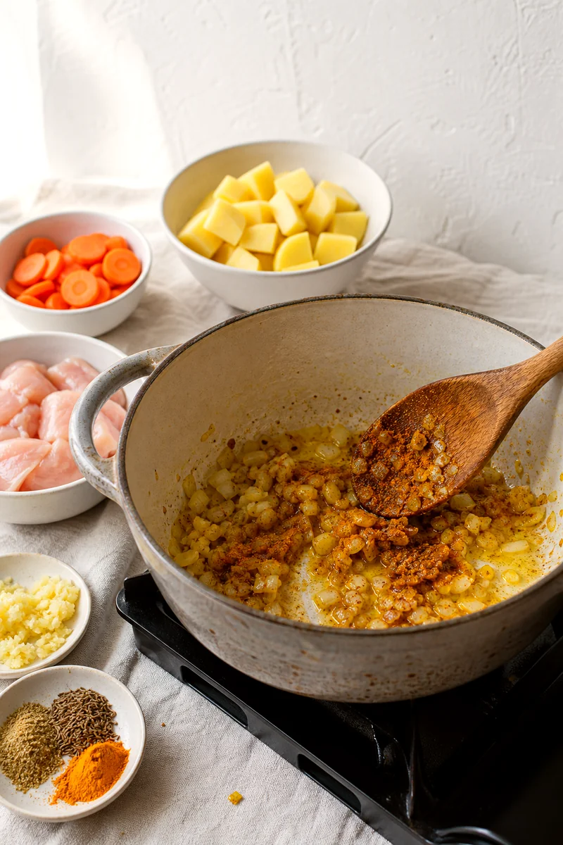Onion, garlic, ginger, and golden spices being stirred in a pot with a wooden spoon.