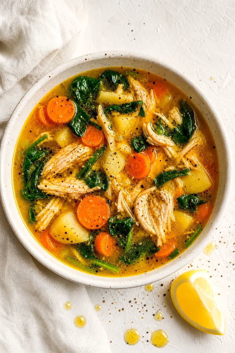 Top view of golden chicken soup with shredded chicken, potatoes, carrots, spinach, and lemon on white linen.