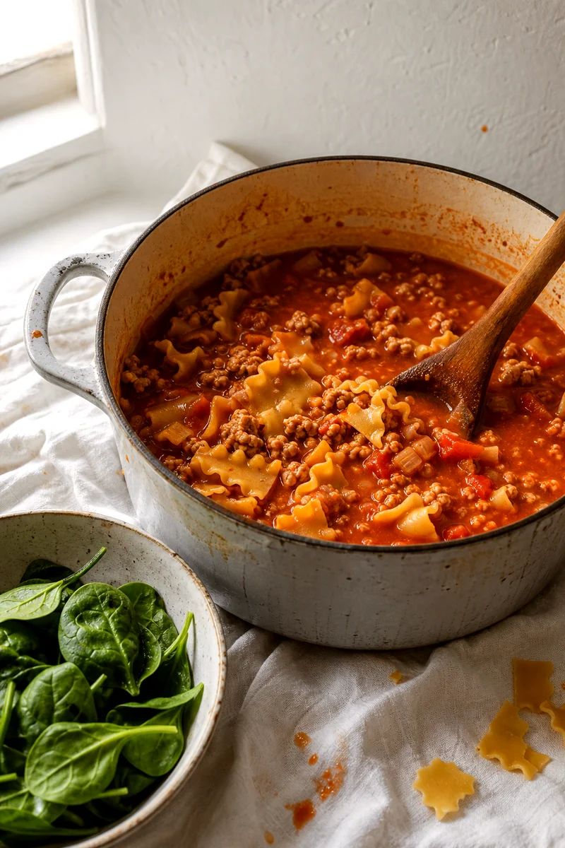 Broken lasagna noodles simmering with ground turkey in a bubbling tomato broth