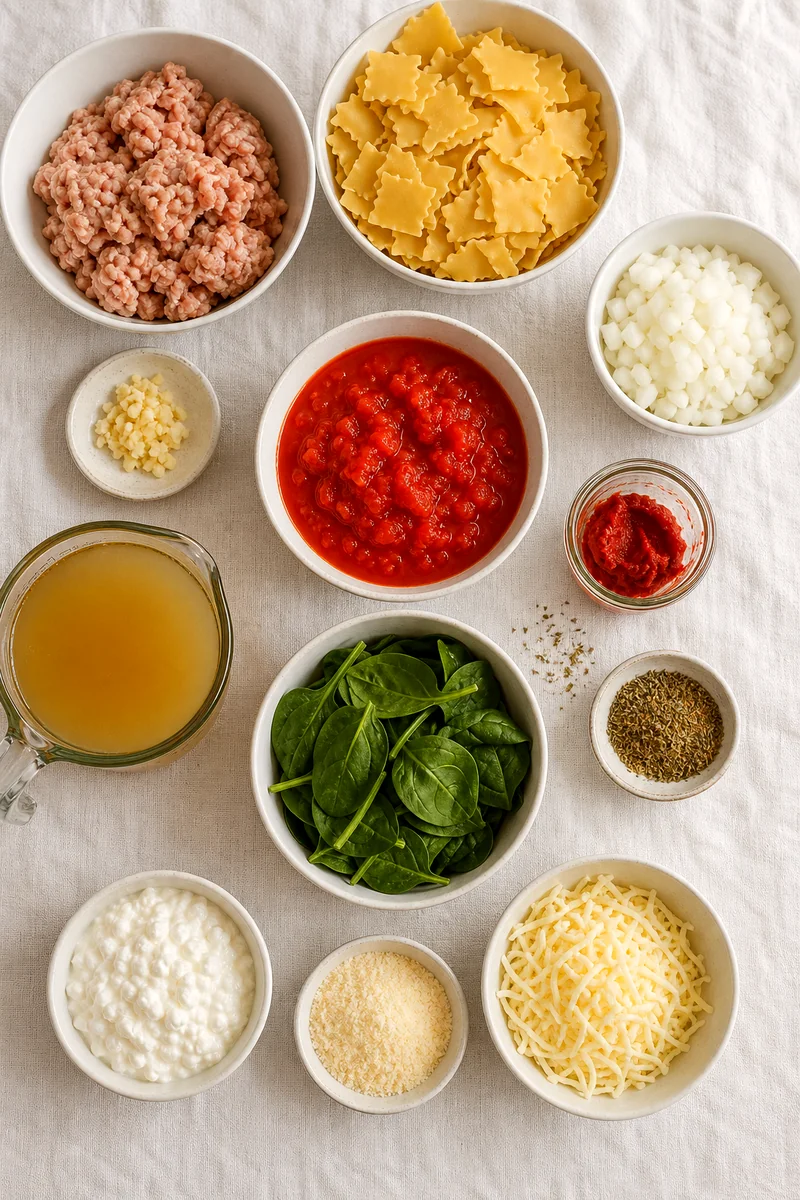 Lean turkey, lasagna noodles, tomatoes, spinach, broth, cottage cheese, Parmesan, mozzarella, onion, garlic, and seasoning arranged overhead