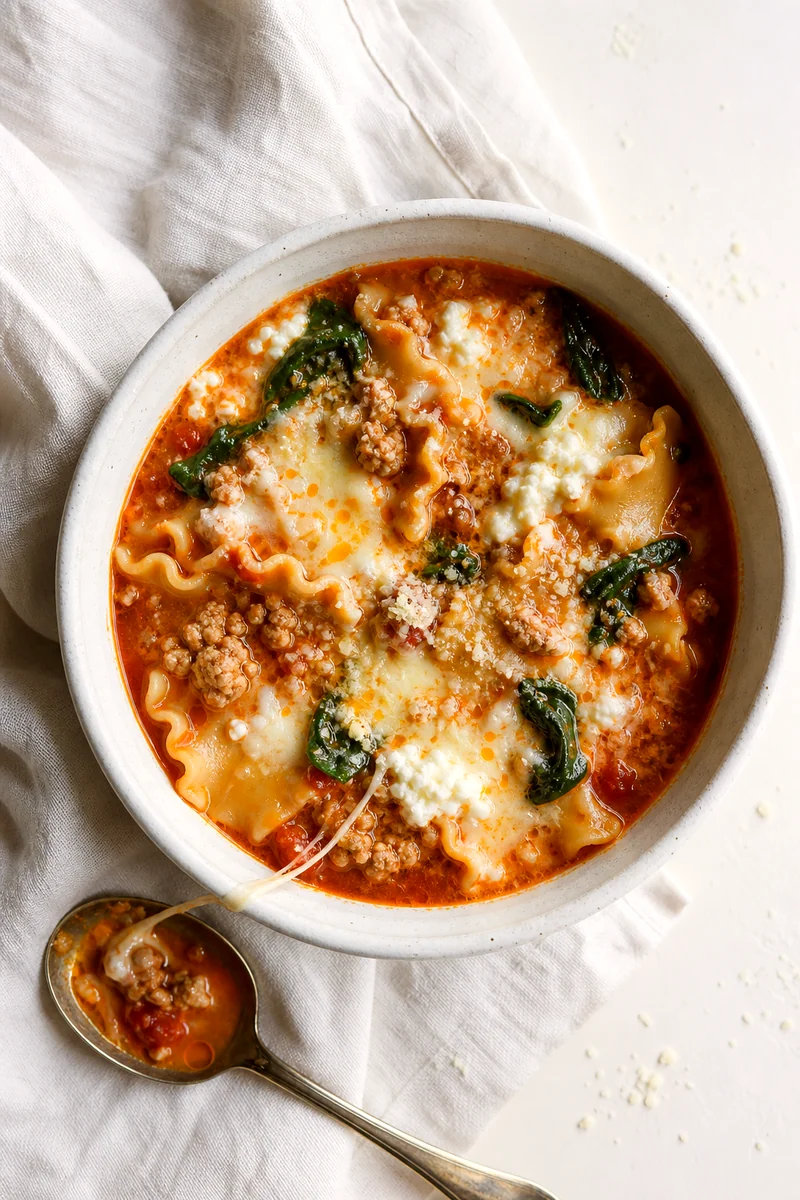Overhead view of lasagna soup with turkey, noodles, spinach, cottage cheese, Parmesan, and melted mozzarella