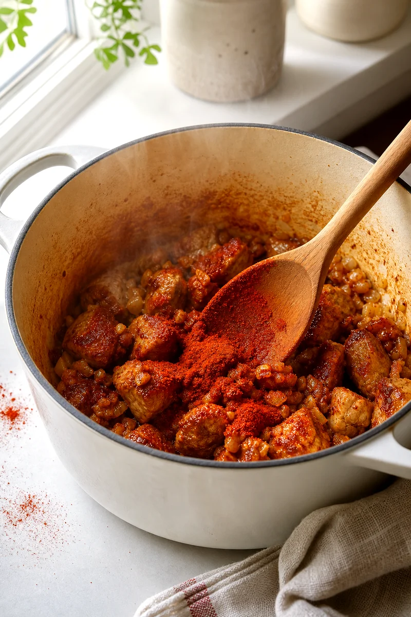 Browned pork and onion being stirred with paprika in a heavy pot with steam rising