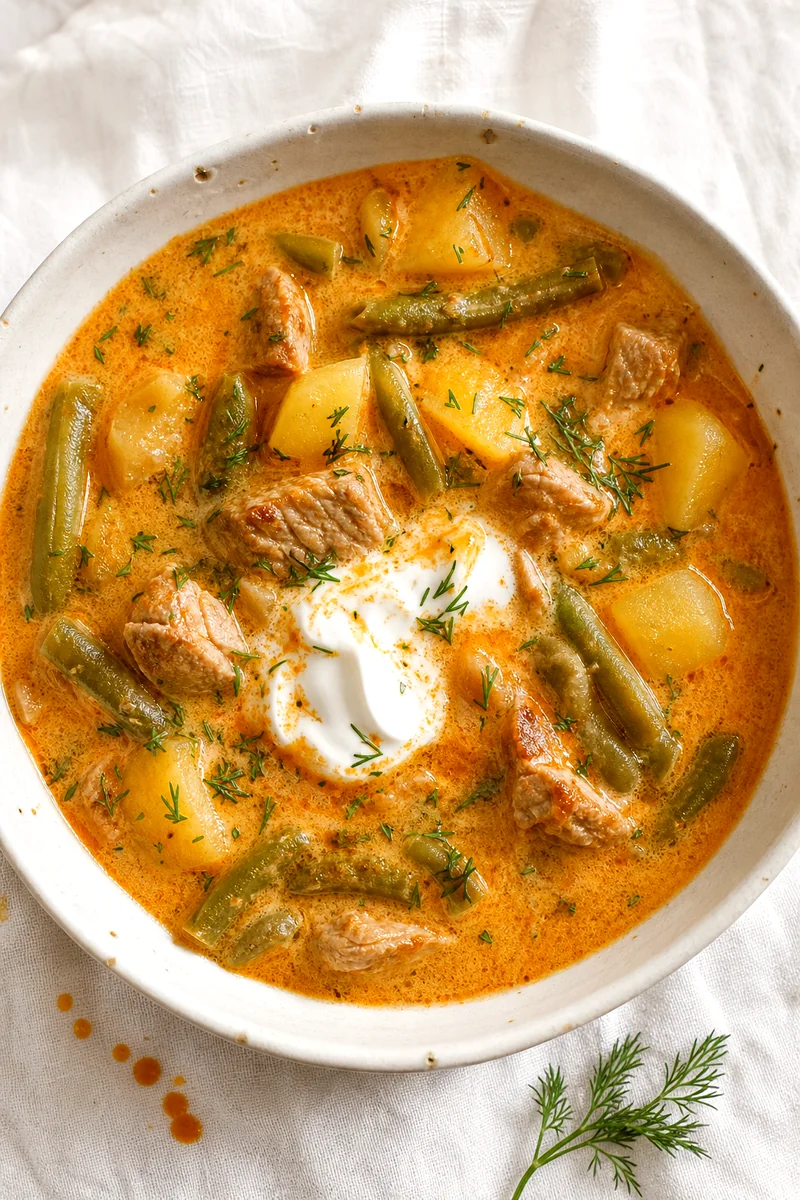 Overhead view of creamy Hungarian pork soup with green beans, potatoes, sour cream, and dill