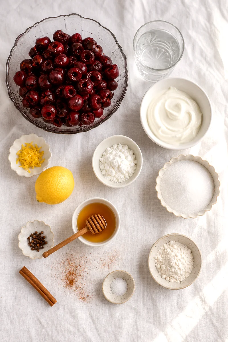Sour cherries, dairy, spices, lemon, sweetener, thickener, salt, and water arranged on white linen